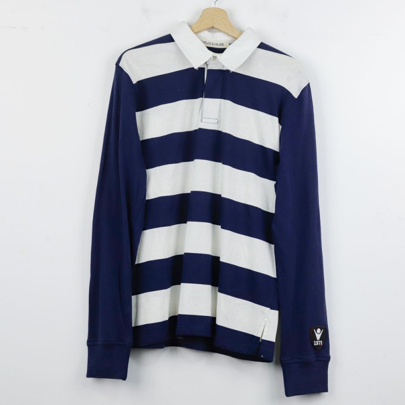 Research FW2 William Polo Heavy Jersey Rigata ML Milk Navy - 1